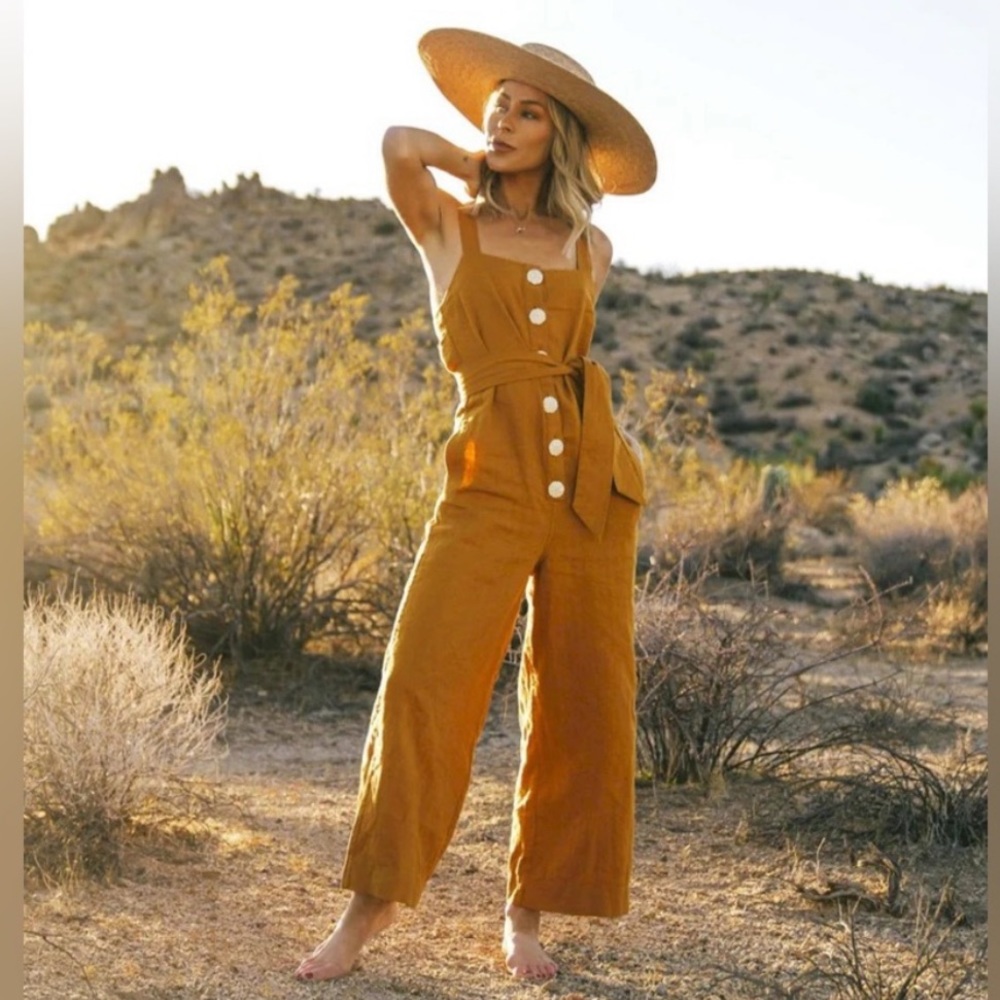 Splendid x Mary Lawless Lee Linen Belted Linen Wide-Leg Jumpsuit